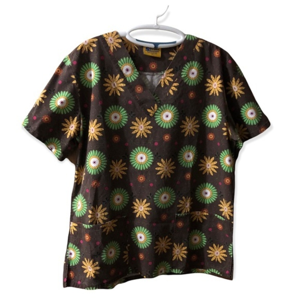 Scrub Station‎ Shirt Scrub Women’s Size M Pull Over Top Cotton Blend Brown Green